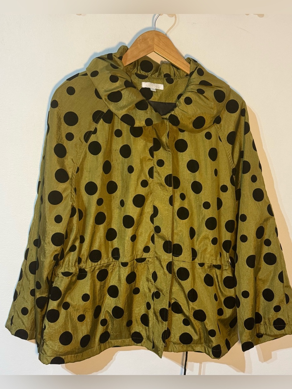UBU Womens Jacket Boho Chic Modern Classic Velvety Black Polka Dots/ olive green